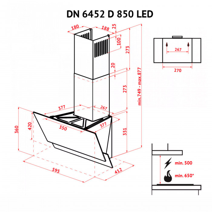 Витяжка декоративна похила Perfelli DN 6452 D 850 GR LED