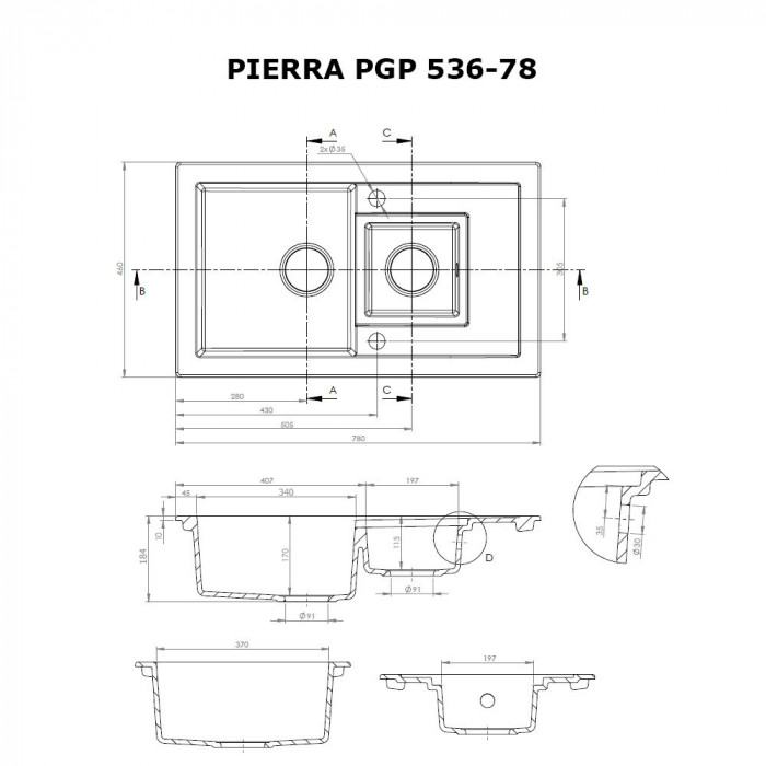 Мийка кухонна гранітна Perfelli PIERRA PGP 536-78 WHITE