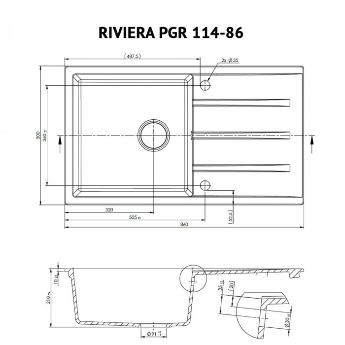Мойка гранитная кухонная Perfelli RIVIERA PGR 114-86 WHITE