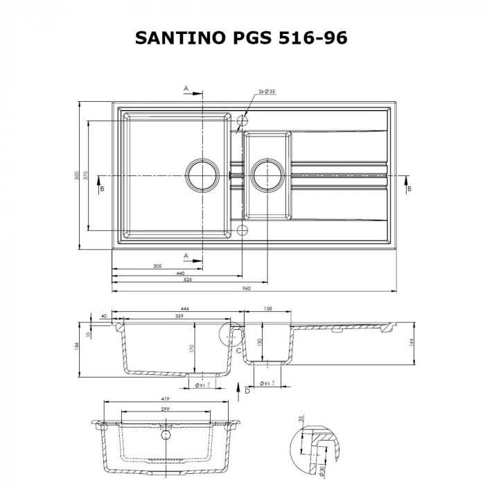 Мийка кухонна гранітна Perfelli SANTINO PGS 516-96 WHITE