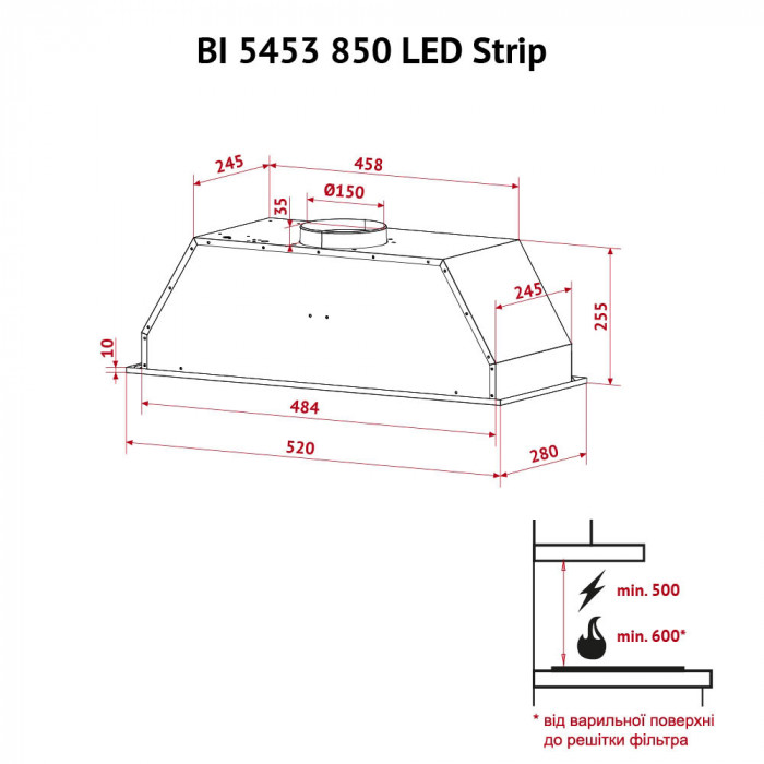 Витяжка повновбудована Perfelli BI 5453 I 850 LED Strip