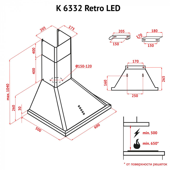 Витяжка купольна Perfelli K 6332 BL Retro LED